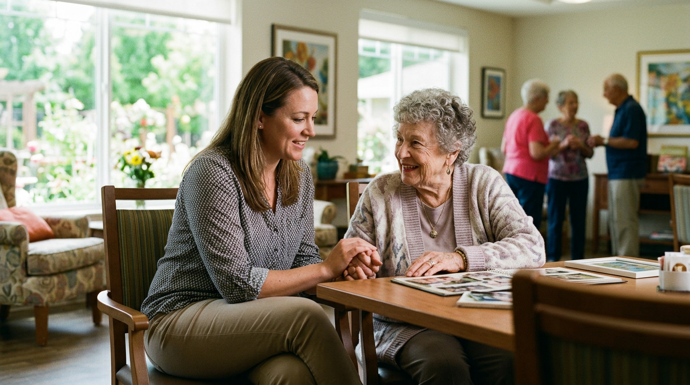 An older adult and a family member engage in a personalized memory care activity together.