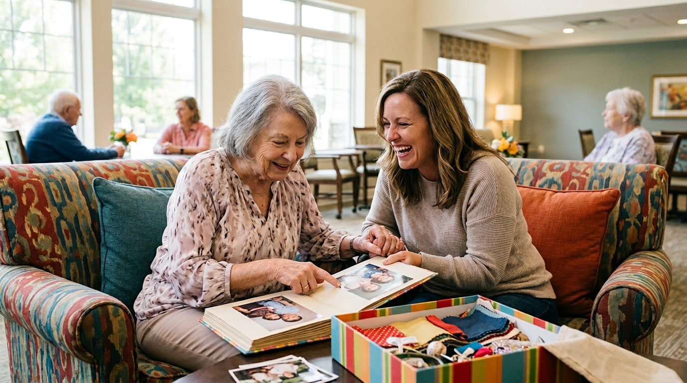 A senior shows old photos to a family member in a memory care community.