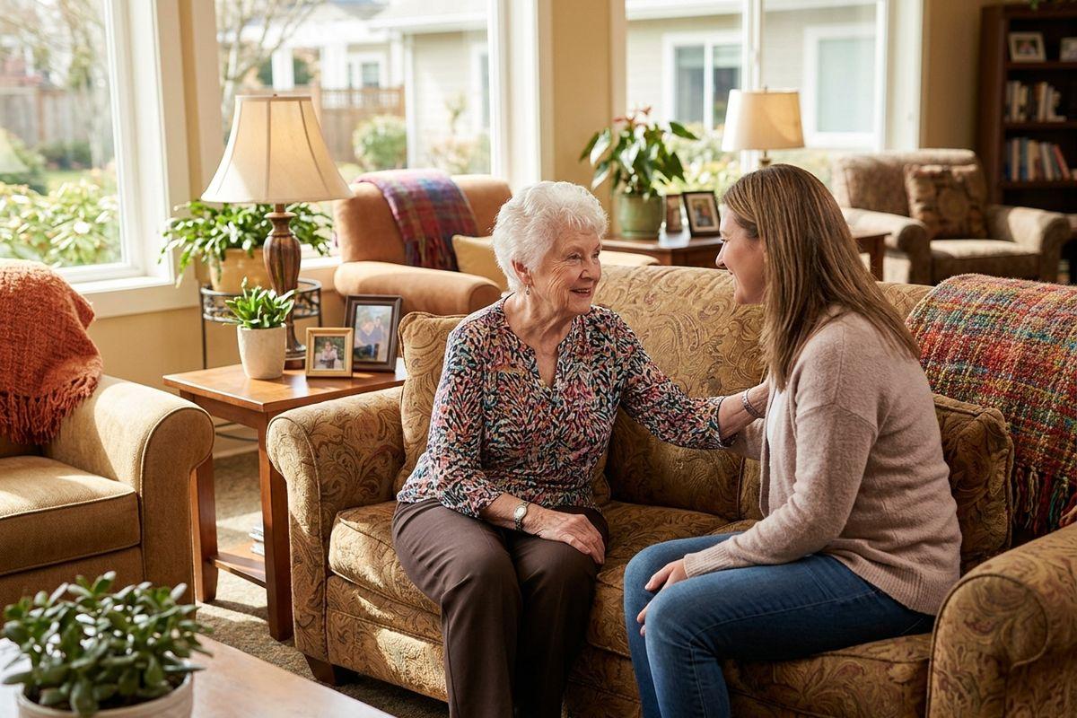 A senior and their loved one discuss what to expect during a transition to a memory care community.