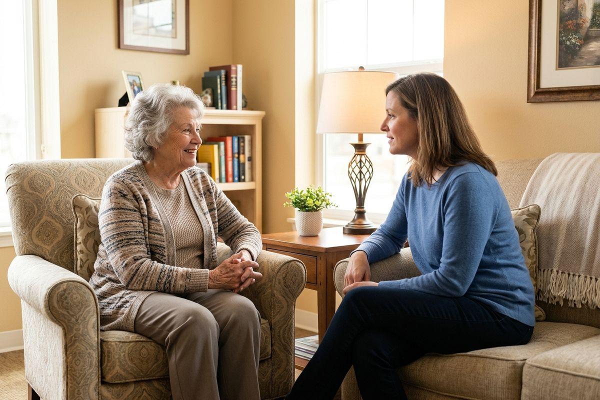 A senior and their loved one have a quiet conversation together during a visit to a memory care community.