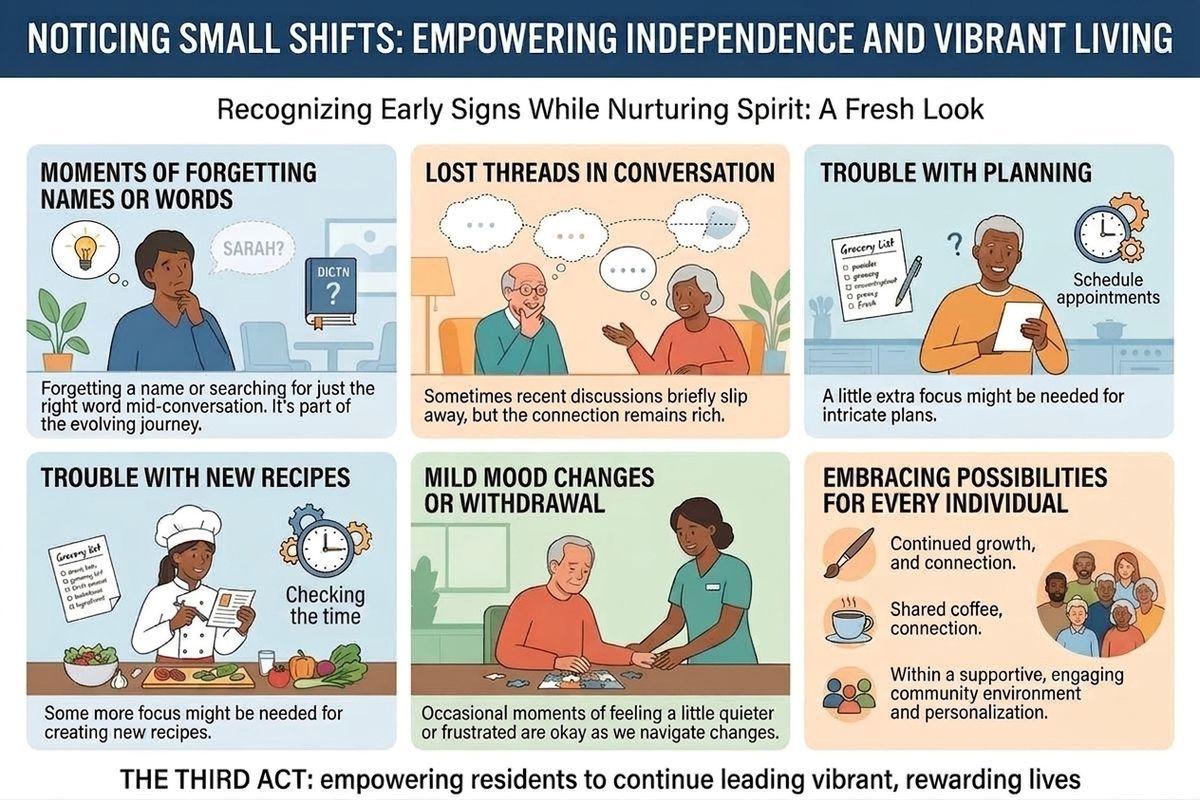 An infographic that describes the early signs of dementia and how memory care communities like Juniper can empower independence.