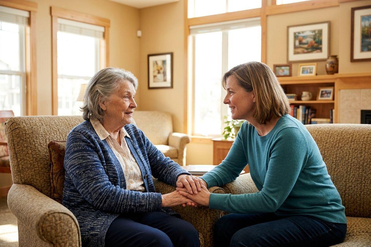 A young adult holds an older adult’s hand as they look into each other’s eyes while sitting down in a bright room.