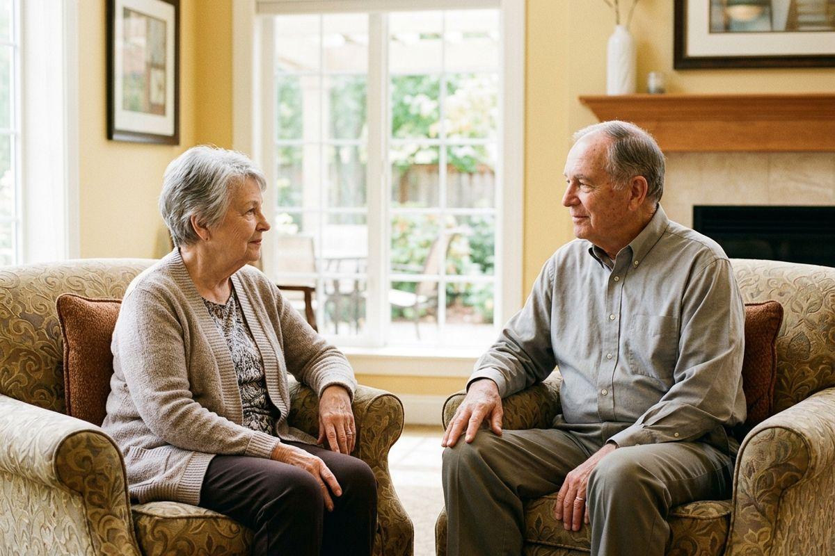 Two older adults sit facing each other in a sunlit living room.
