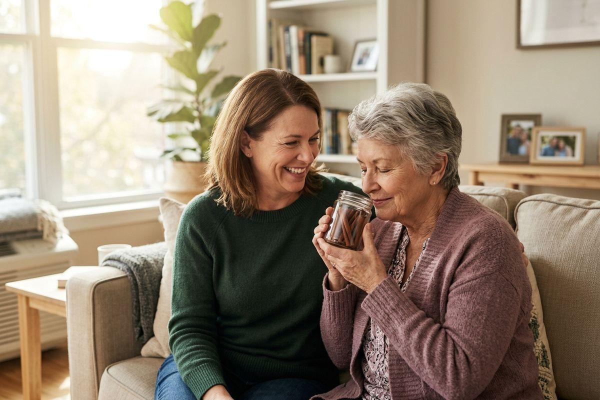 A senior smells a glass jar of cinnamon sticks while a smiling younger adult sits beside them on a living room sofa.