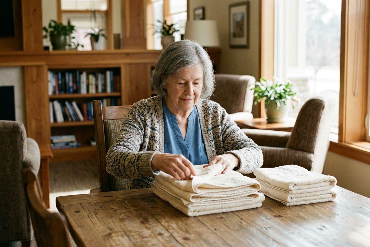 A senior with gray hair folds cream towels into stacks at a wooden table in a living room with bookshelves.
